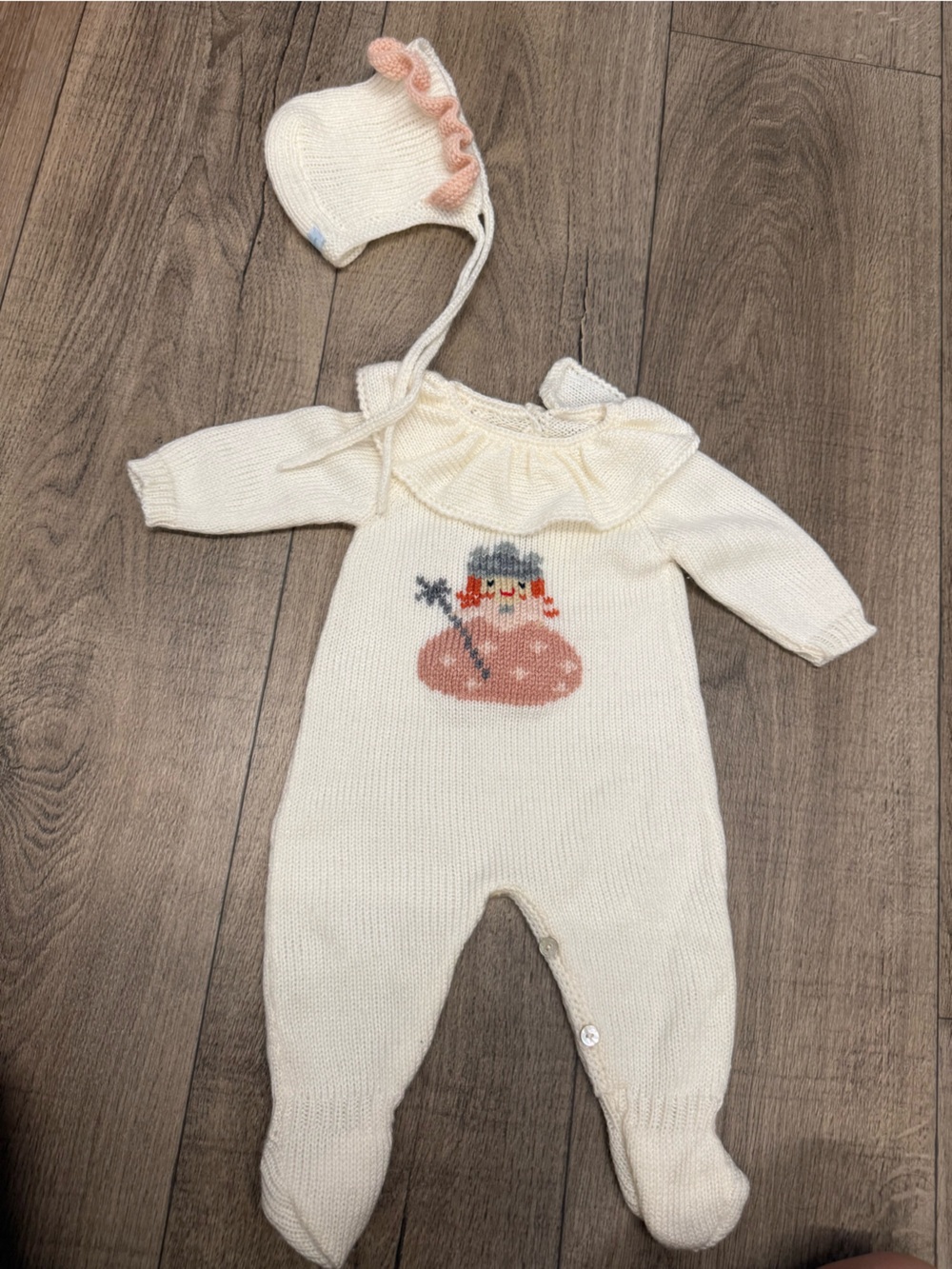 Cream Knit Baby One-Piece with Mushroom Motif and Matching Bonnet